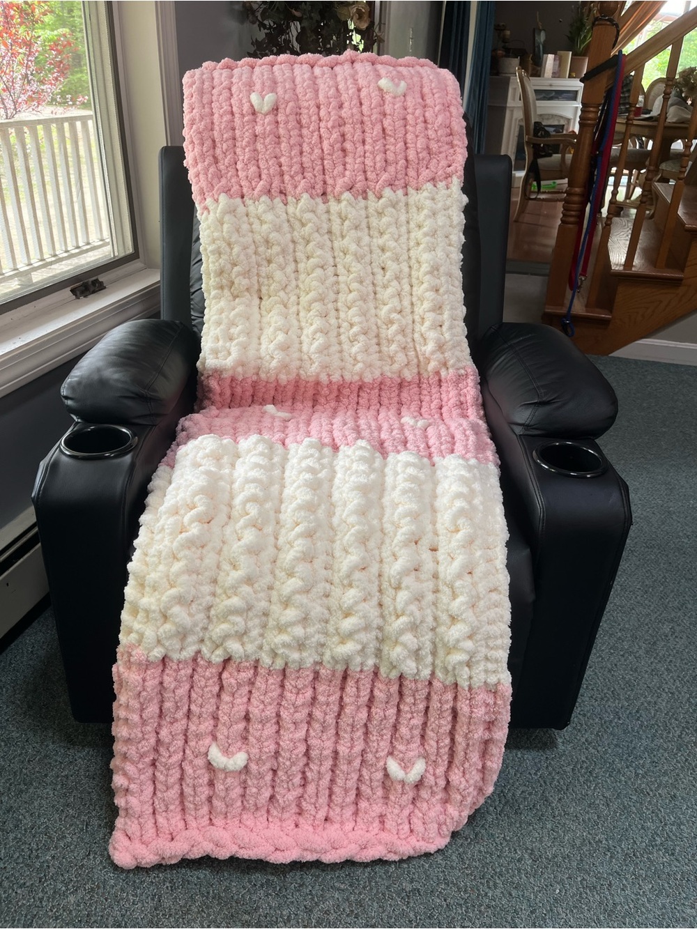 Handmade Chunky Knit Pink and Cream Large Throw Blanket
